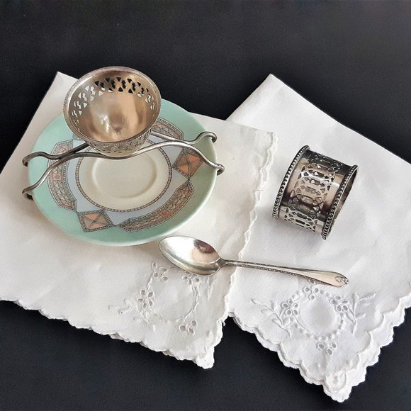 VTG Antique Pierced Egg Cup Napkin Holder Mixed Set Silverplate Art Deco - Picture 5 of 7